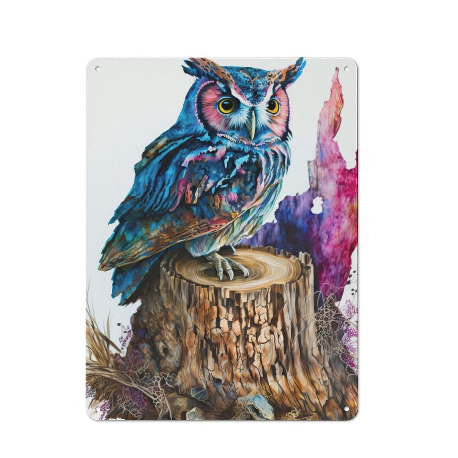 Junmoney Owl Watercolor Metal Wall Sign 40X30cm Featuring For Garage Or Workshop, For Home Office, Studio And Craft Room Walls