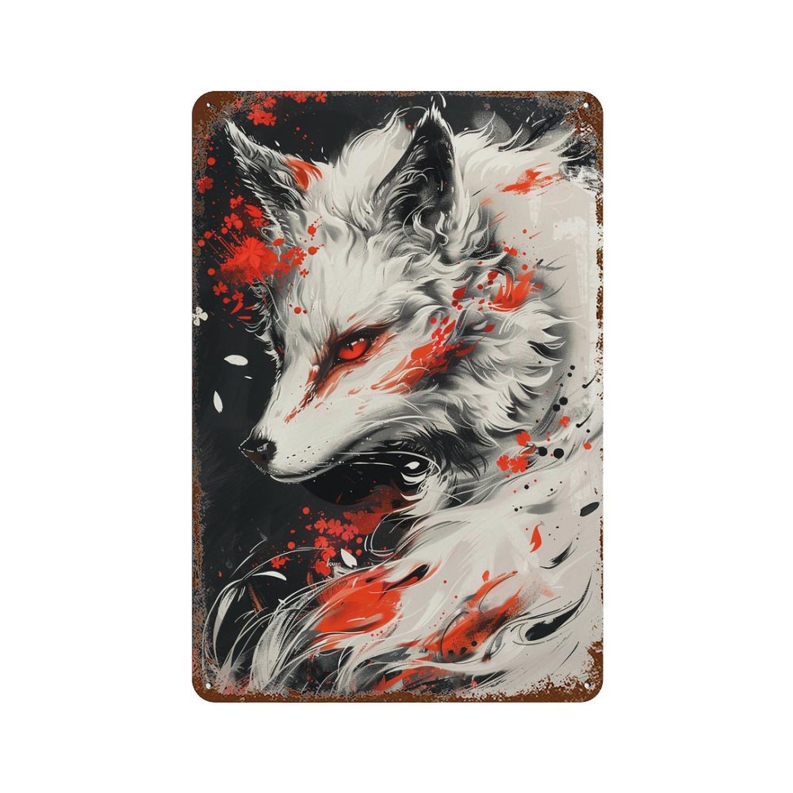Garage Style Red-Eyed Wolf Art Print -1 Distressed Metal Wall Sign 11.8"x7.9", Retro Wall Decor for Bar And Workshop