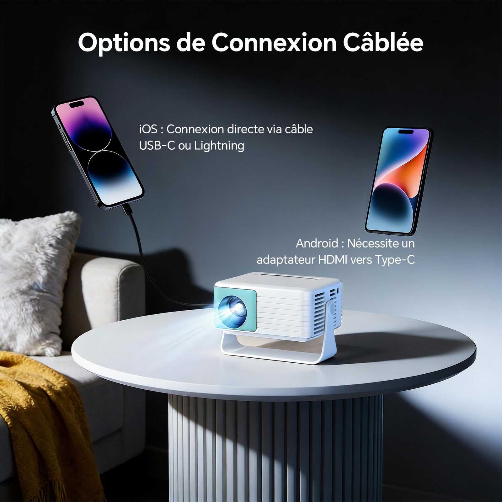 WOLFANG Vidéoprojecteur Portable Mini, Retroprojecteur pour Chambre, Compatible Full HD 1080P, Correction Keystone Automatique, Zoom 50% et Rotation 180°, iOS/Android/TV Stick