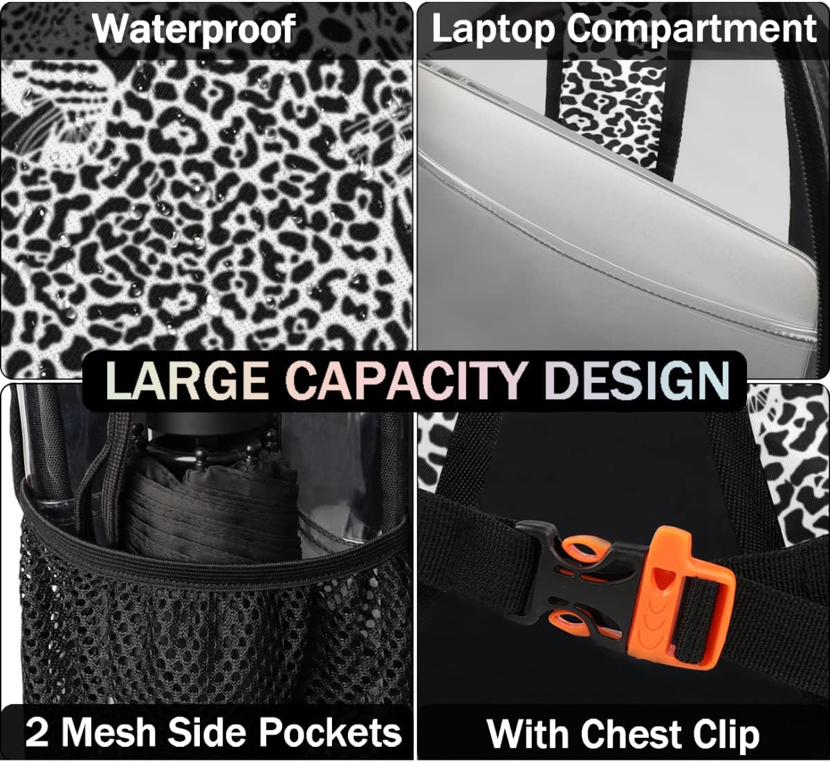 Leopard Texture Black And White Clear Backpack Stadium Approved Heavy Duty PVC Transparent Backpacks Large Laptop Backpack for Work Travel Sports Events Concerts