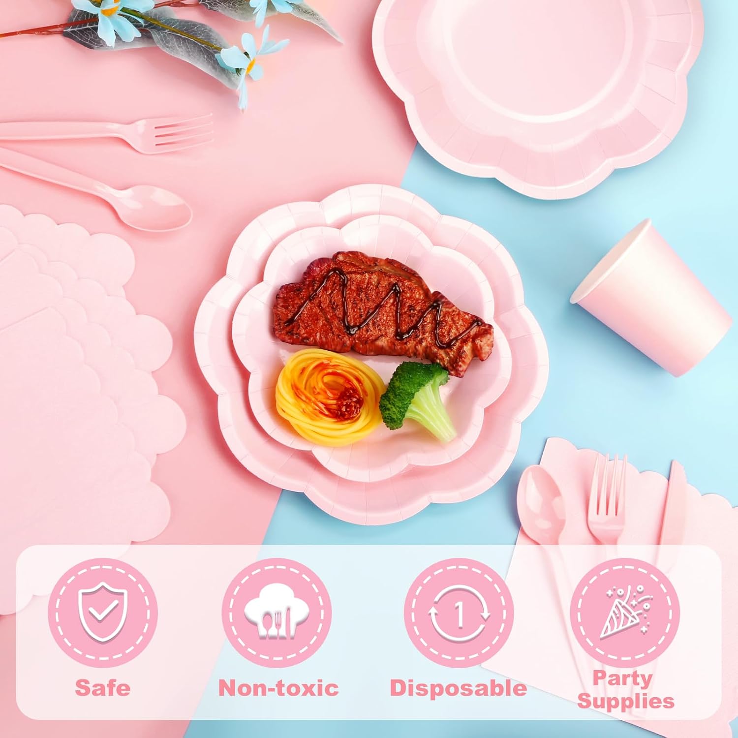 192 Pcs Pink Paper Plates And Napkins Set Party Supplies - For 24 Guests Paper Plates And Napkins Knives Spoons Forks Cups - For Baby Shower Bridal Shower Wedding - Image 3