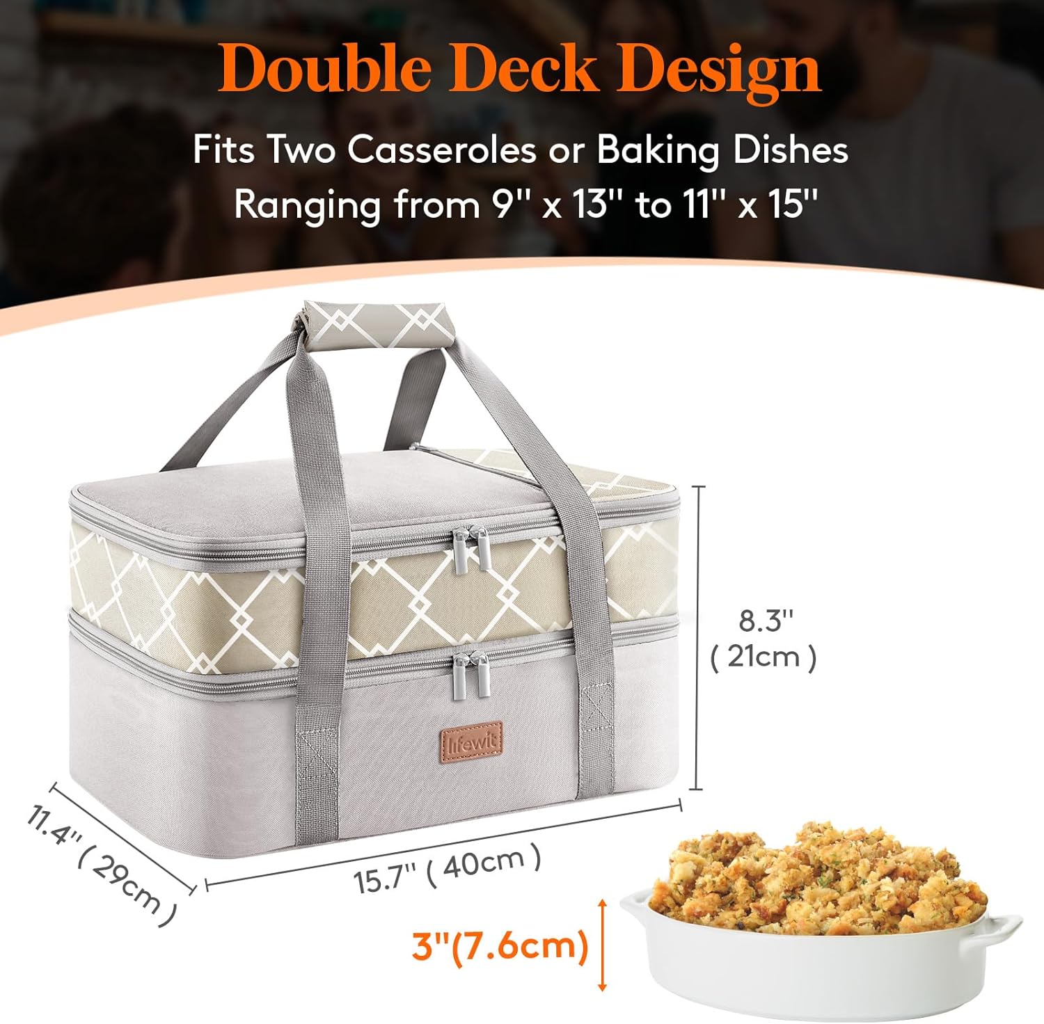 Lifewit Insulated Double Decker Casserole Carrier, Lasagna Lugger Holder for Hot or Cold Food, Fits 9" x 13" Baking Dish, Thermal Lunch Tote Bag for Potluck Parties, Picnic and Cookouts, Grey