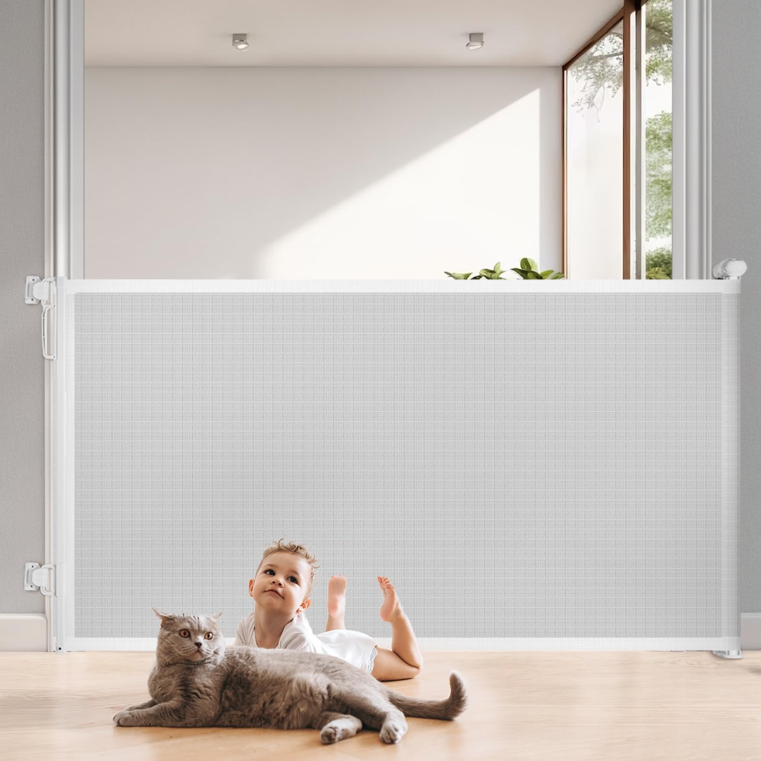 80" Extra Wide Retractable Baby Gates, Mesh Dog Gate for Large Openings, One-Hand Open Child Safety Gate for Stairs, Doorways, Retractable Pet Gates for Baby, Dog, Cat, Pet, White