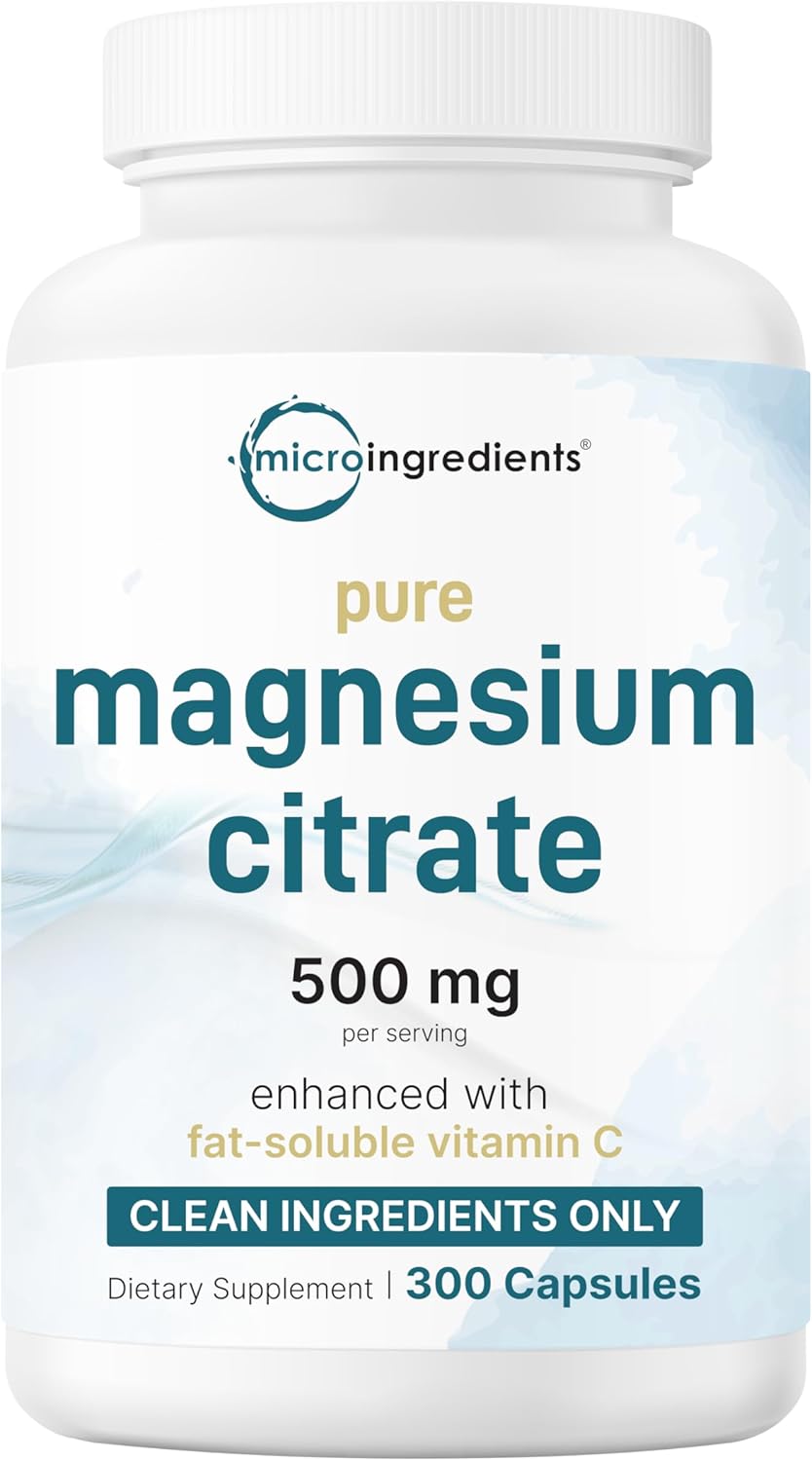 Pure Magnesium Citrate Supplements 500mg, 300 Capsules | Fat-Soluble Vitamin C Added | 100% Chelated | Only Active Ingredients