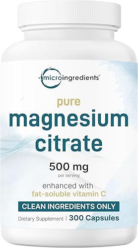 Suplementos de citrato de magnesio puro de 500 mg, 300 cápsulas  Vitamina C soluble en grasa añadida  100% quelado  Apoya la digestión, la salud