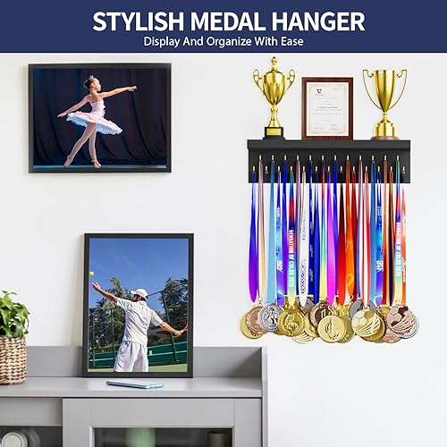 Miniatura 6 de Soporte para medallas, organizador de trofeos, resistente soporte de madera para trofeos con 25 ganchos de acero, colgador de medallas de montaje en