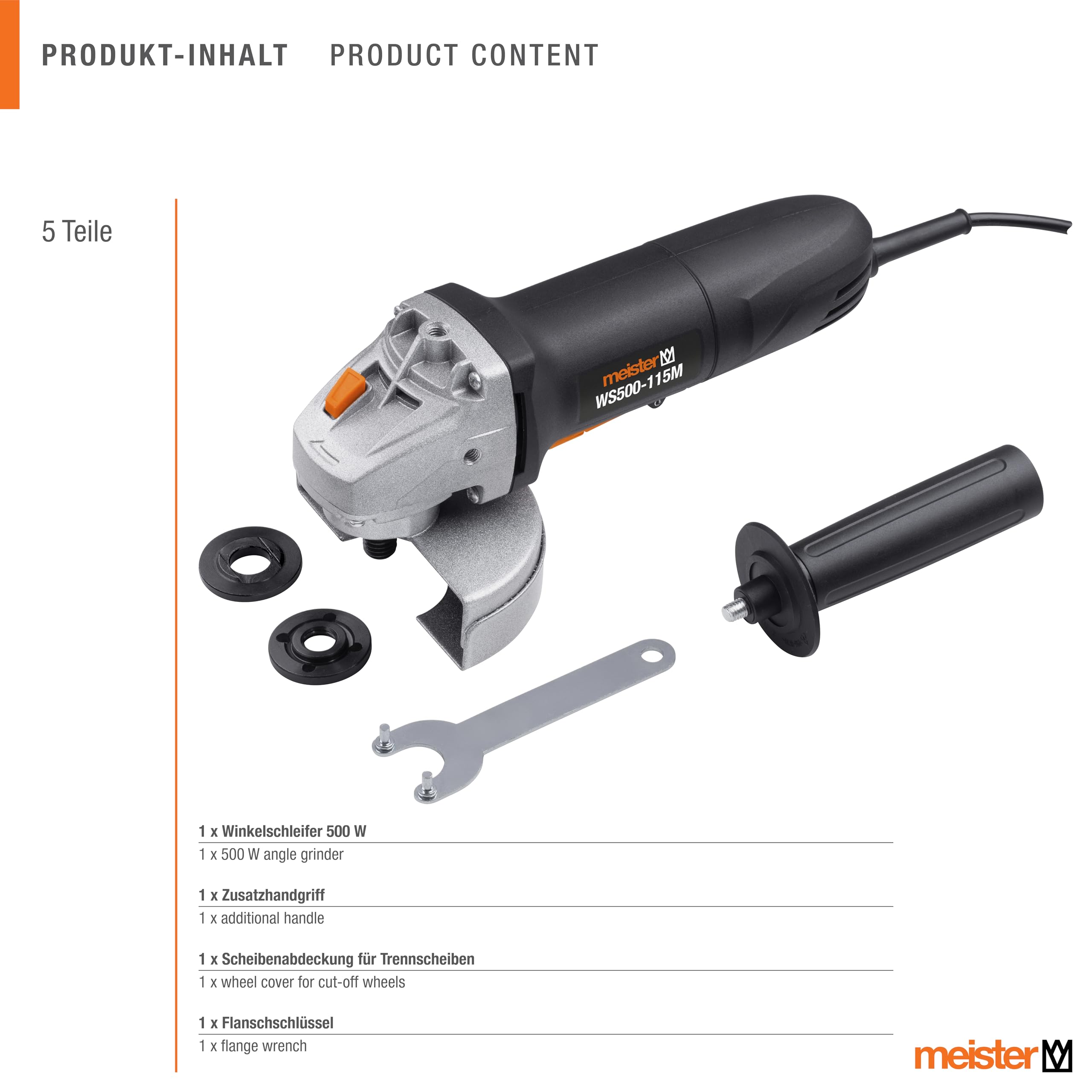 Meister Smerigliatrice angolare 500 W, WS500-115M – Diametro disco 115 mm – Blocco mandrino – Cappuccio di protezione regolabile – Maniglia supplementare/Smerigliatrice per calcestruzzo, pietra &
