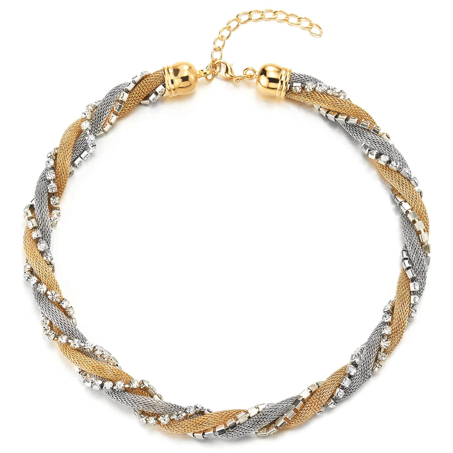 COOLSTEELANDBEYOND Elegante Oro Statement Dichiarazione Collana Due Filo Lunga Catena con Blu Cube Cristallo Perline Cerchio Charm Pendente