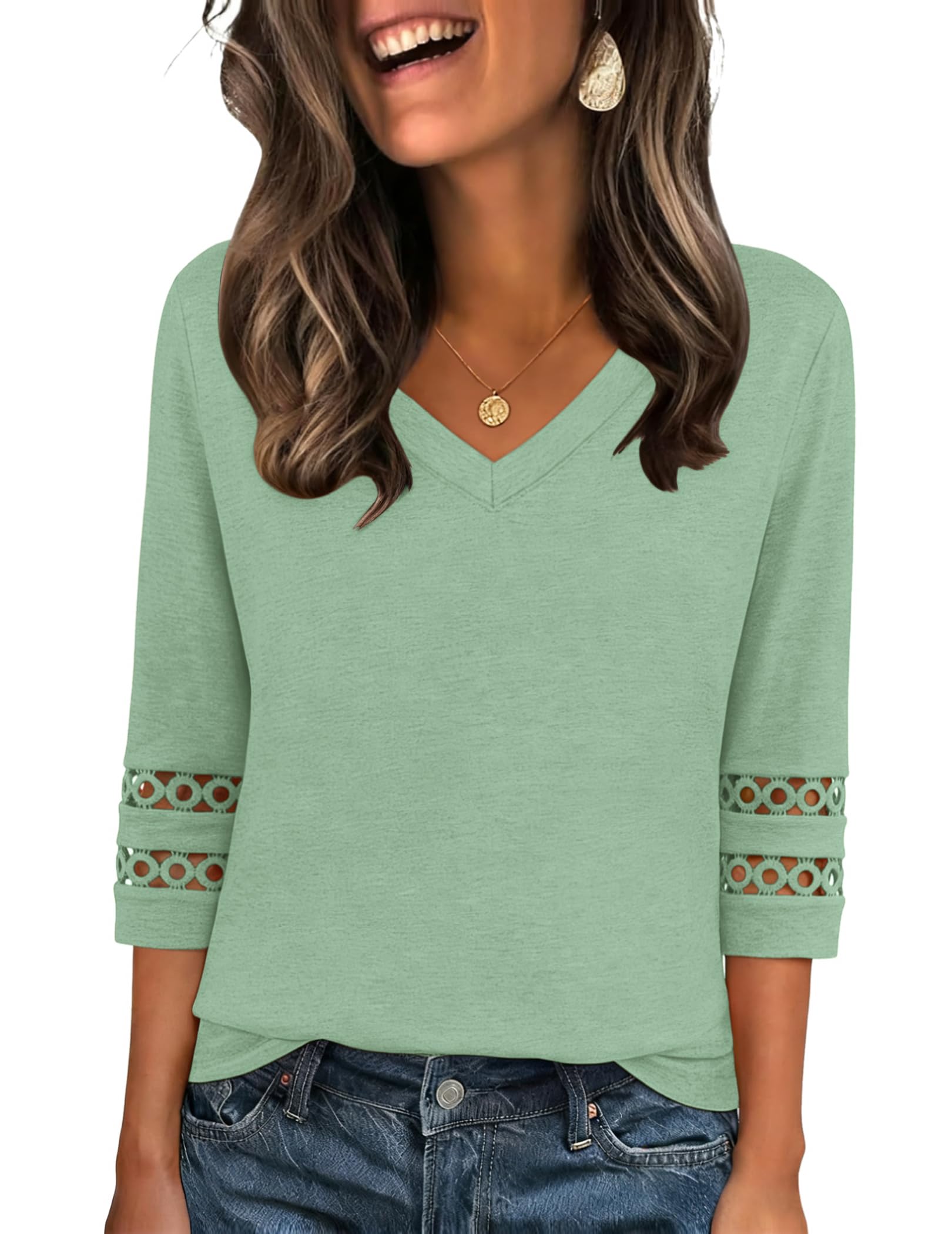 Zeagoo Bluse Damen 3/4 Arm Elegant Shirt V Ausschnitt Oberteil Lochstickerei Tunika Sommer Locker Blusenshirt S-3XL