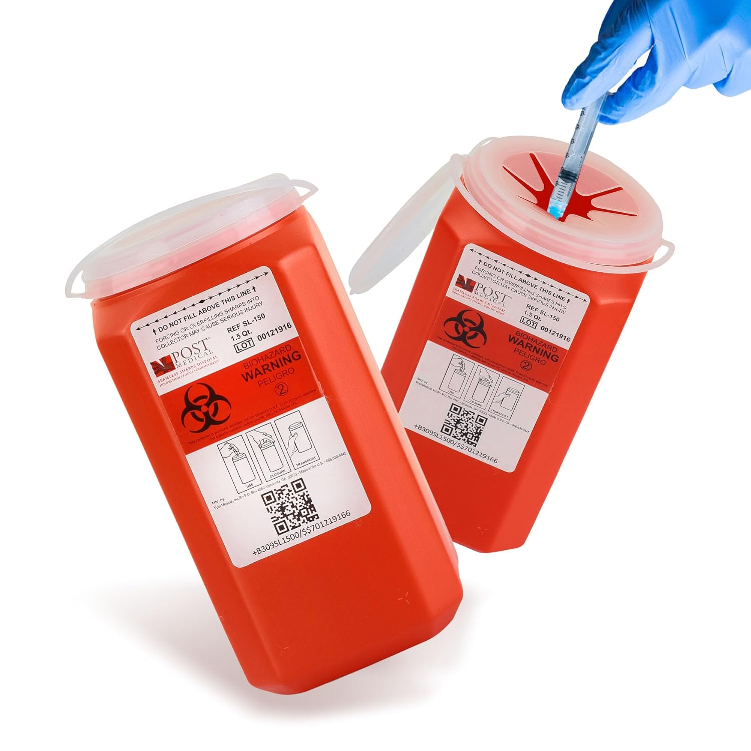 1.5 Quart Sharps Container - Case of 6, Puncture-Resistant Sharps Disposal Container, Needle & Syringe Disposal Container, Leak-Tight Biohazard Containers with Snap Tight Lid, Red