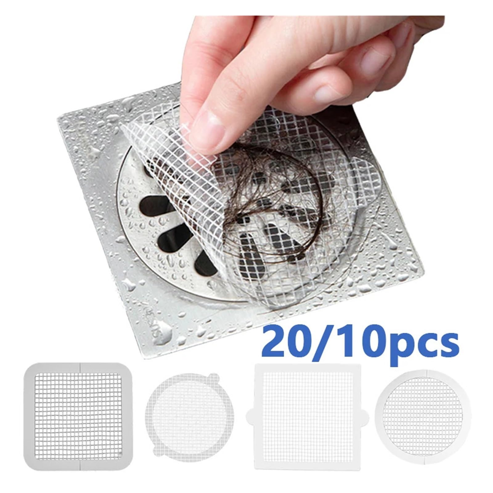 Adhesivo para Rejilla de Suelo, 20/10 Uds. Colector de Pelo desechable, Drenaje de Ducha, Pegatinas de Malla, Filtro, Accesorios de baño(Squre 10cm,20pcs)