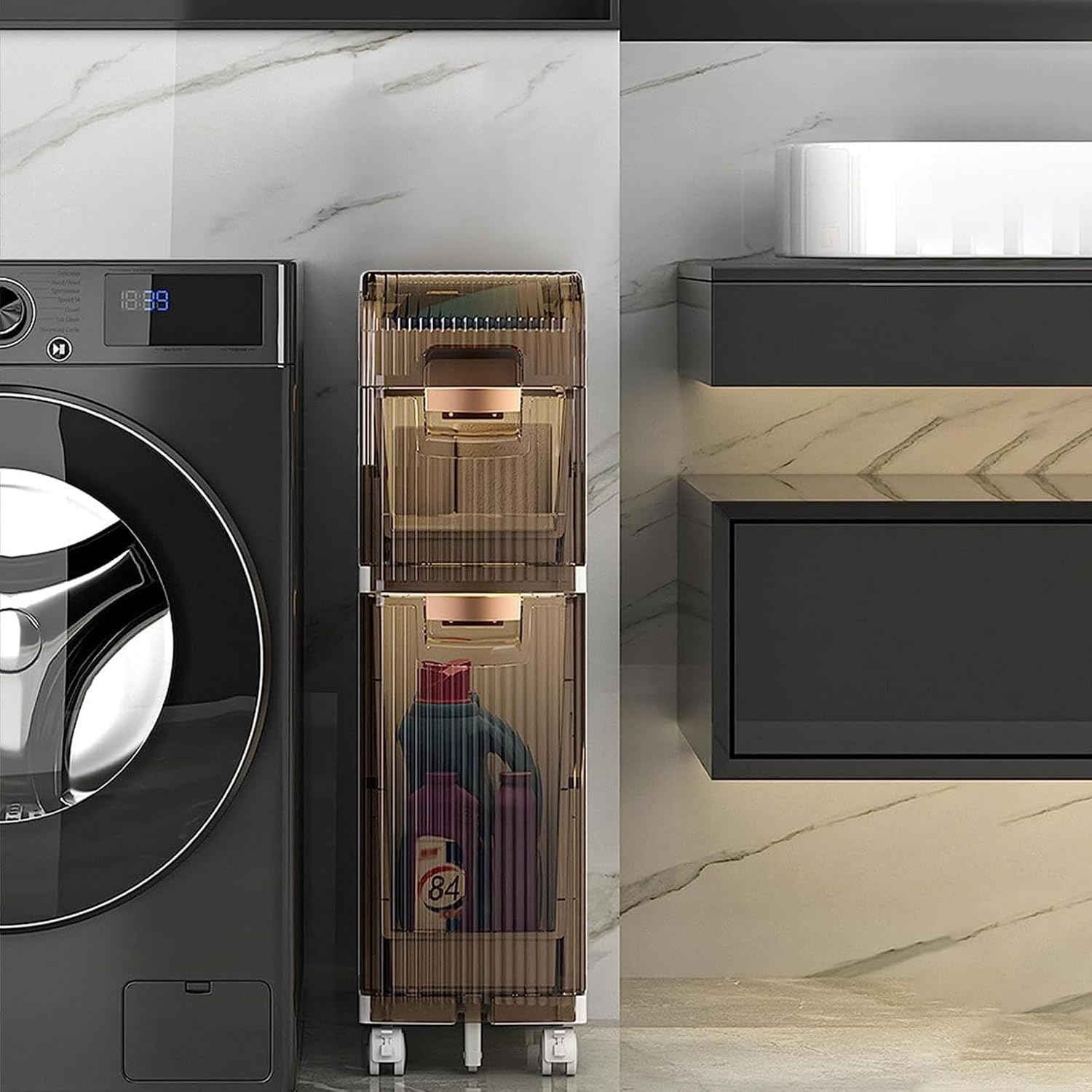 XENITE Narrow Bathroom Slimline Storage Box Unit Slim White Plastic Floor Standing Cabinet with Slide Out Drawers and Small Lid on Top Storage, Toilet Paper Cabinet for Bathroom Slim Tall