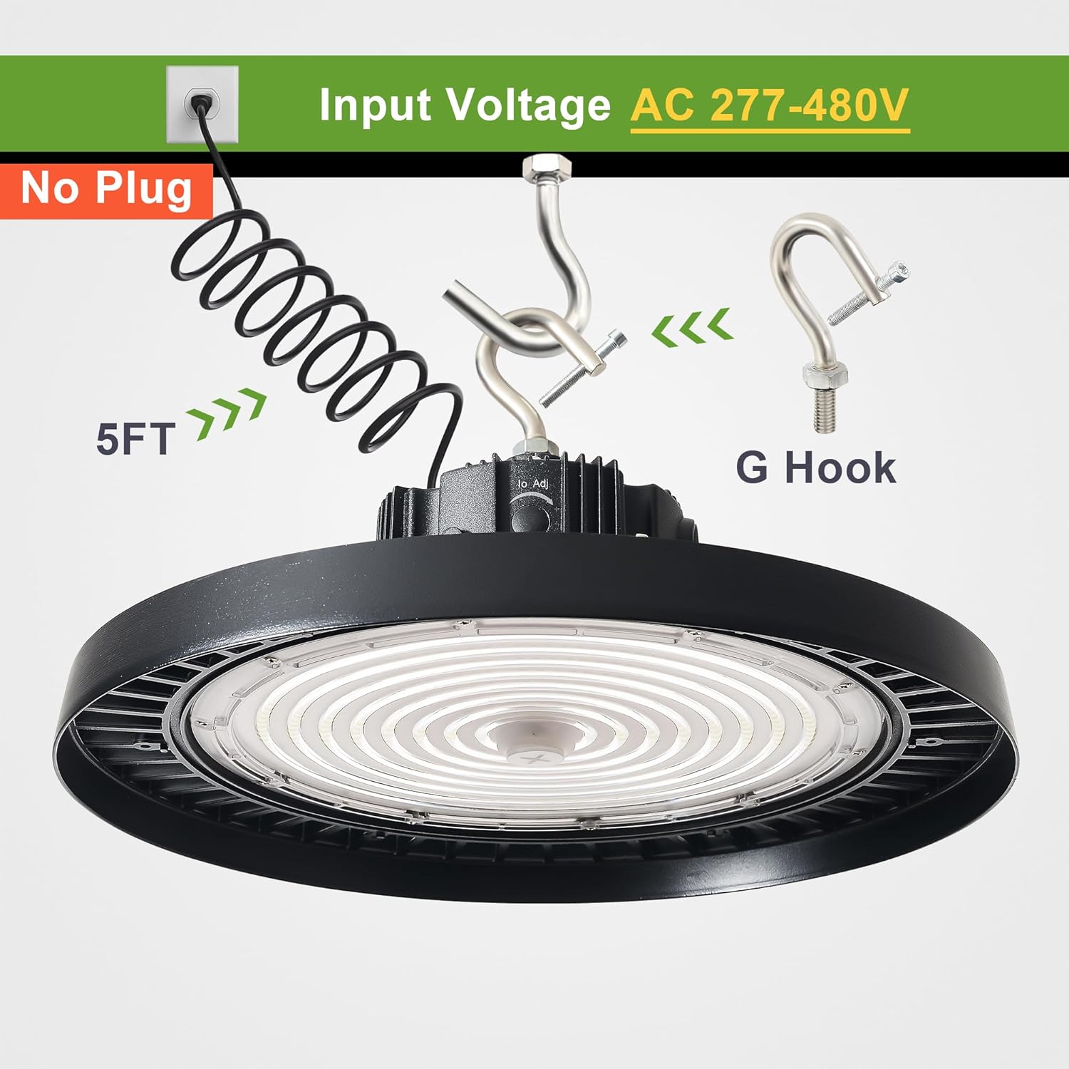 480V UFO LED High Bay Light, 150W/120W/100W Wattage Selectable, 21000LM (500W HPS Equiv.) Dimmable Commercial Bay Light for Shop Garage Factory Warehouse Workshop Area 277-480V