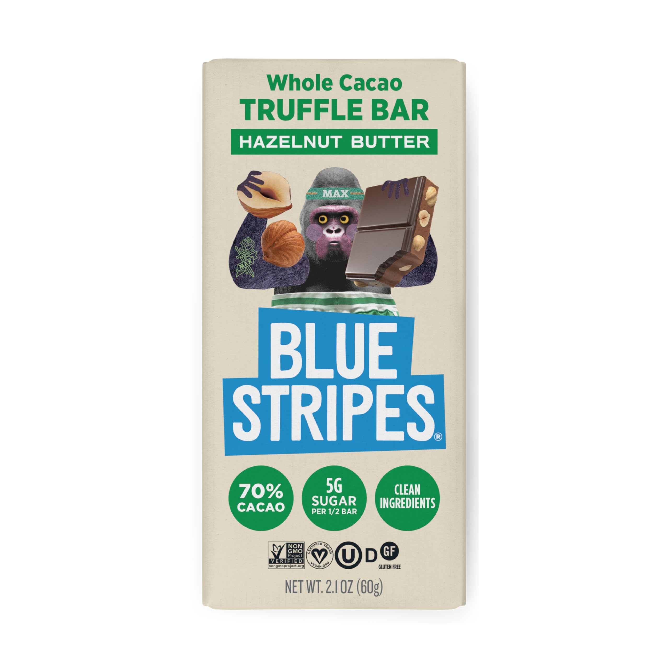 Blue Stripes - Hazelnut Butter Whole Cacao Truffle Chocolate Bars, 70% Cacao, Hazelnut Butter, Healthy Chocolate, Vegan, No Refined Sugar, Non GMO, Gluten Free, 2.1 OZ