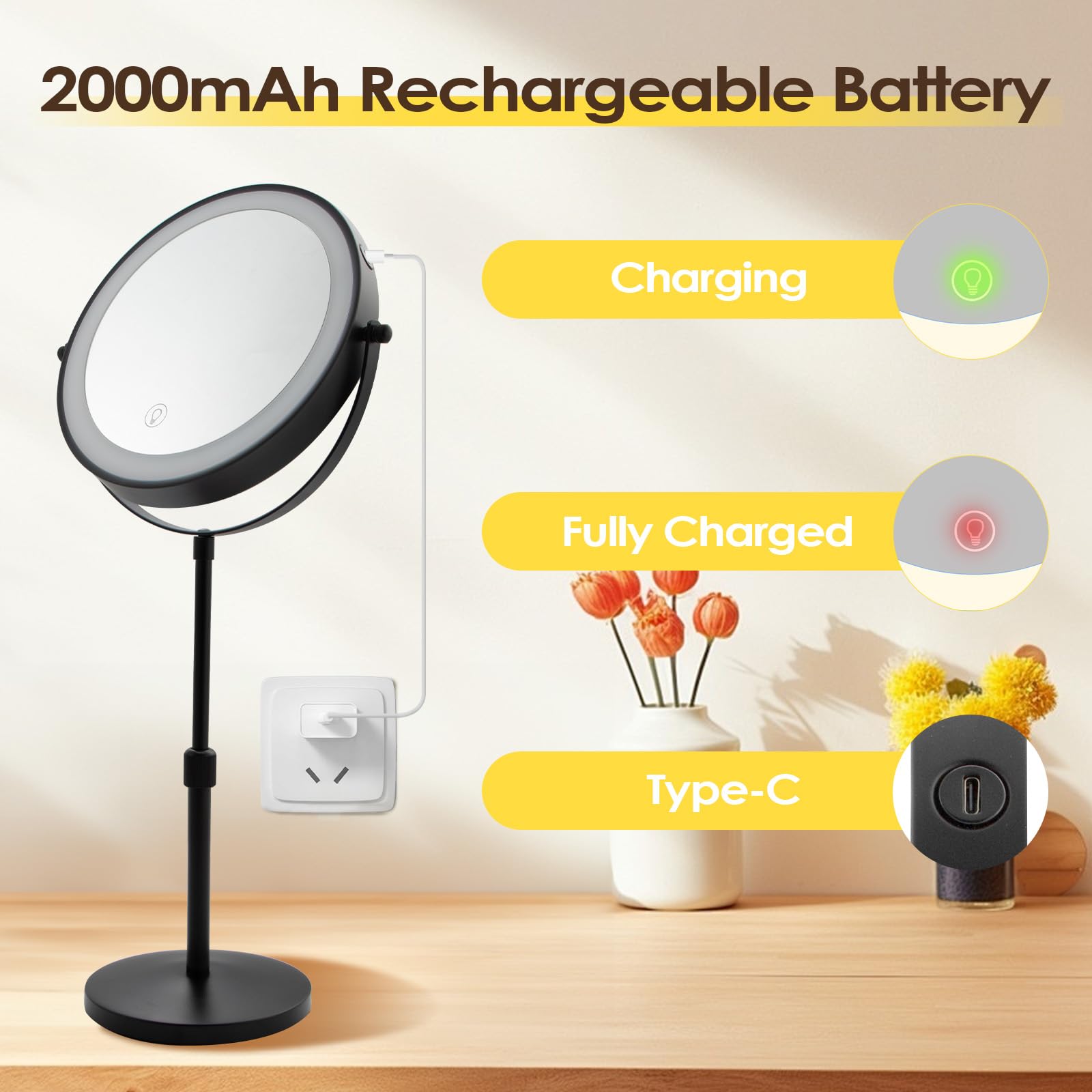 Cuteefun Miroir Grossissant Lumineux, Miroir Grossissant X10 sur Pied, Hauteur et Luminosité Réglables, Rotation à 360°, 3 Couleurs de Lumière, Idéal pour Chambre à Coucher, Salle de Bain, Noir