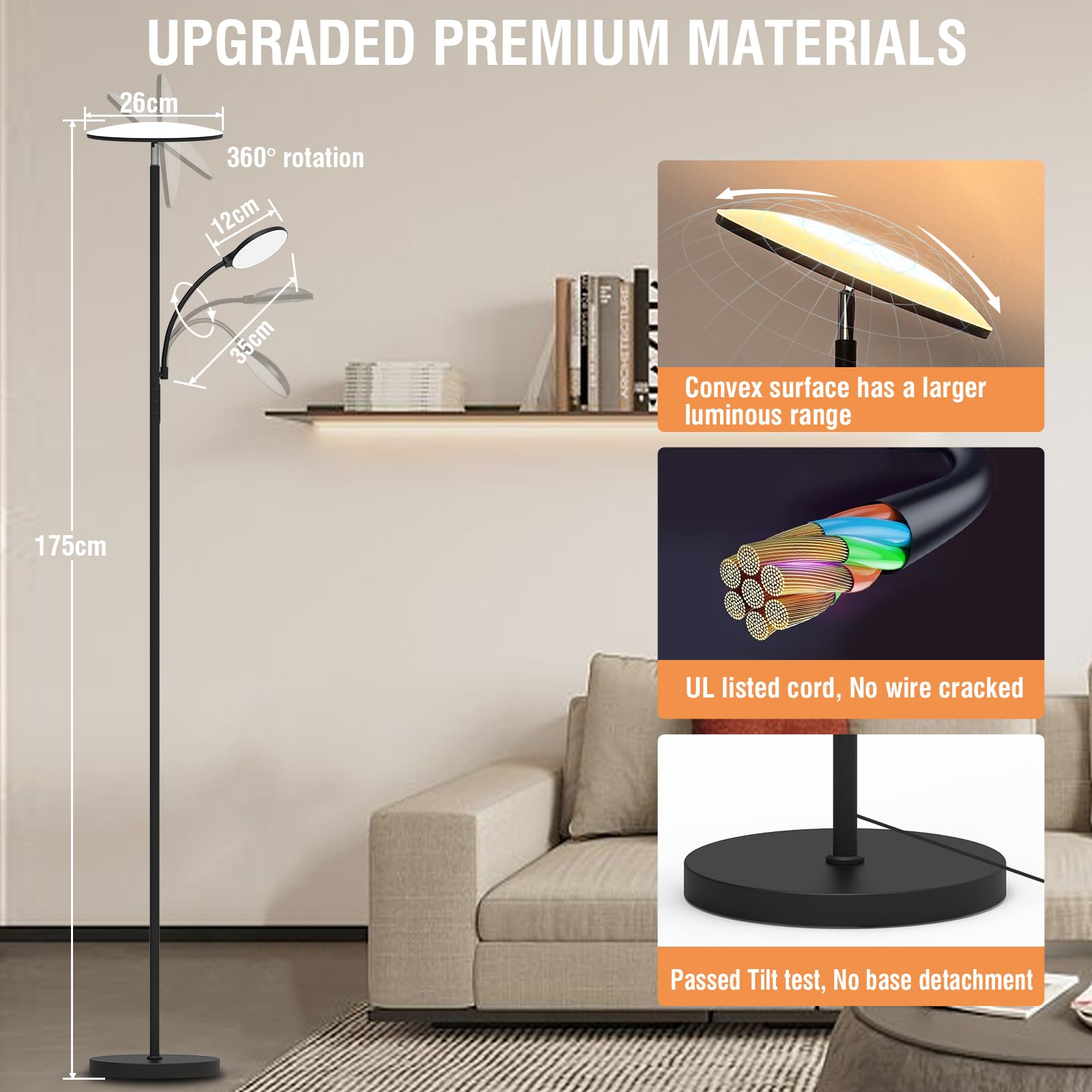 marctronic LED Stehlampe Deckenfluter Dimmbar, 42W 4200LM Superhelle Wohnzimmer Stehlampe mit Leselampe, 175CM Hohe Moderne Standleuchte mit Fernbedienung & Touch Steuerung für Schlafzimmer BüRo