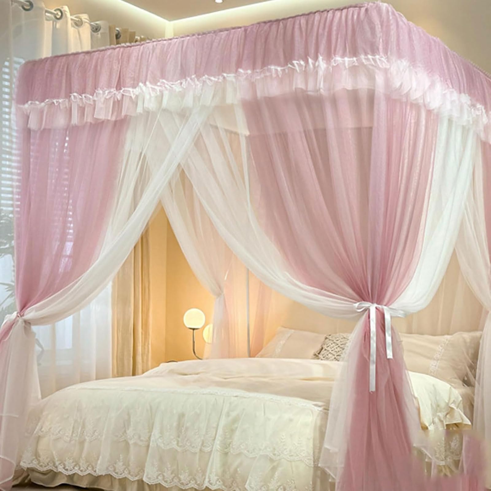 Moskitiera do łóżek pojedynczych, 4 narożna zasłona na łóżko z baldachimem Moskitiera wielokolorowa wiele rozmiarów(Pink,1.2 x 2m)