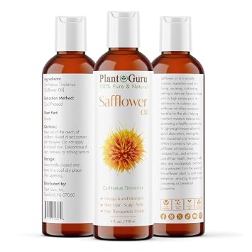 Plant Guru Safflower Oil 4 fl. oz. Cold Pressed, 100% Pure & Natural Carrier for Skin, Face, Body, Hair, and Cooking. Great for DIY Creams, Lotions, and Lip Balms.