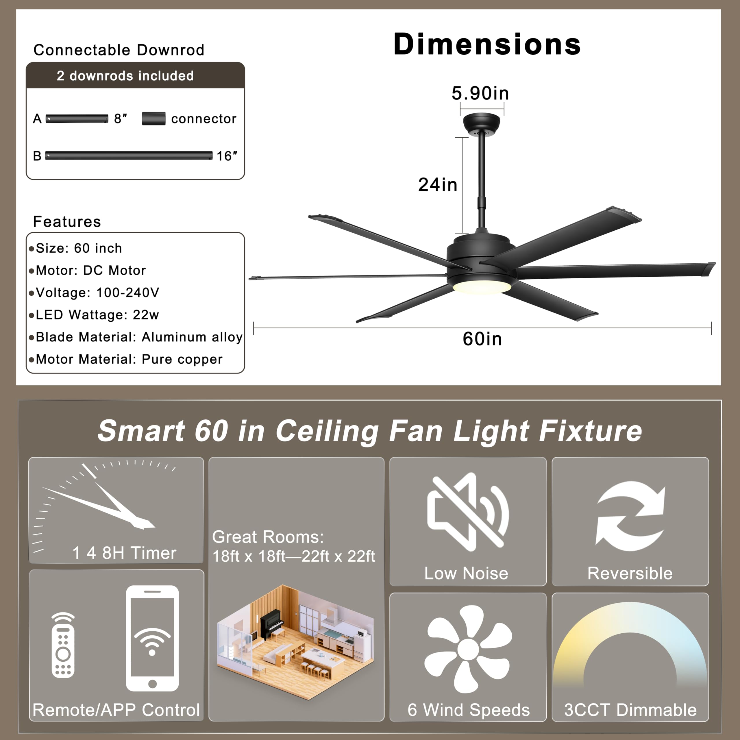 Ohniyou Ventilatore a Soffitto da 152 cm con Luce - Telecomando e APP, Dimmabile, Motore a Corrente Continua, Ventilatore a Soffitto Esterno per Patio Camera da Letto Soggiorno, Nero