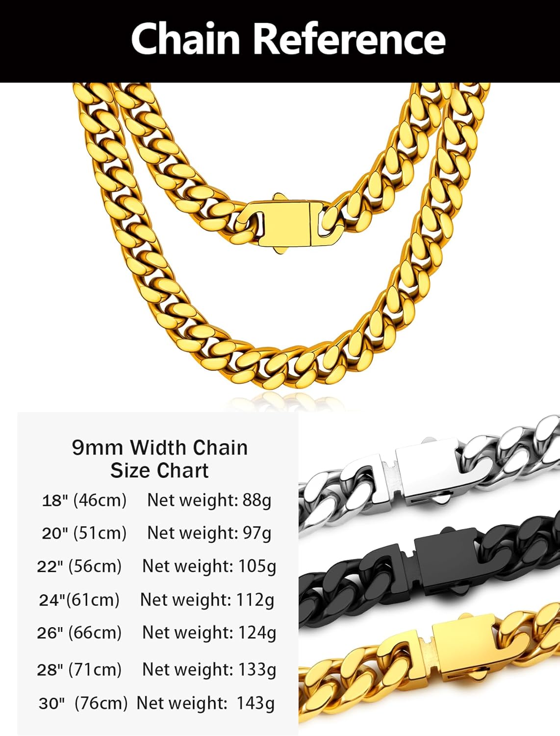 Stainless Steel Cuban Link Chain Necklace for Men, Real Gold/Black Plated Curb Chains, 5/7/9/11mm width,18"-30" Length Hip Hop Jewelry Gift, Send Gift Box - Image 7