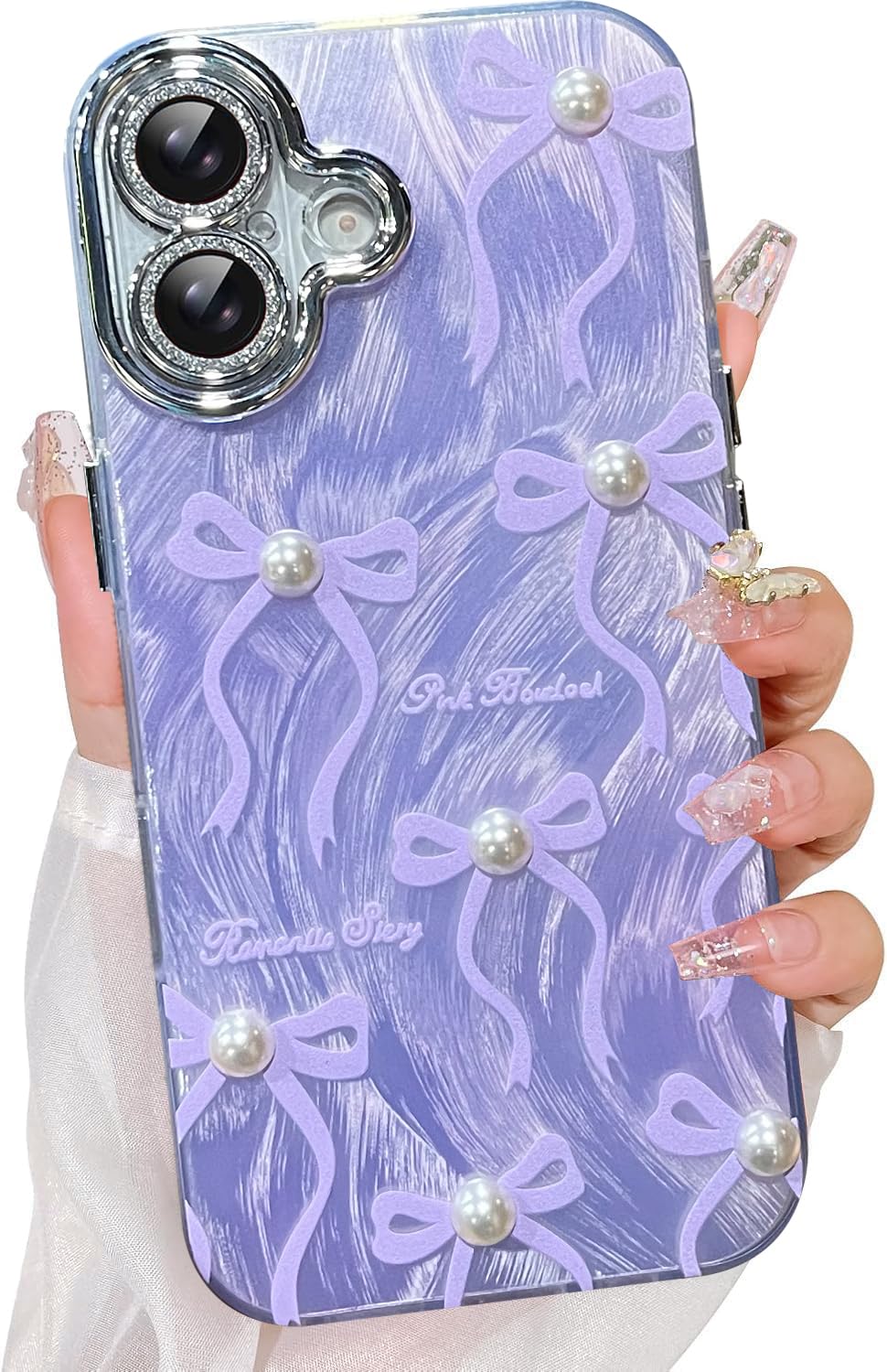 VONZEE Compatible with iPhone 17 6.3'' Case Luxury Pink Girly Cute 3D Bow Pearl Glitter Bling Case with Full Camera Protection Shockproof PC+TPU Glossy Shiny Cover for Girls Women, Purple-image-7