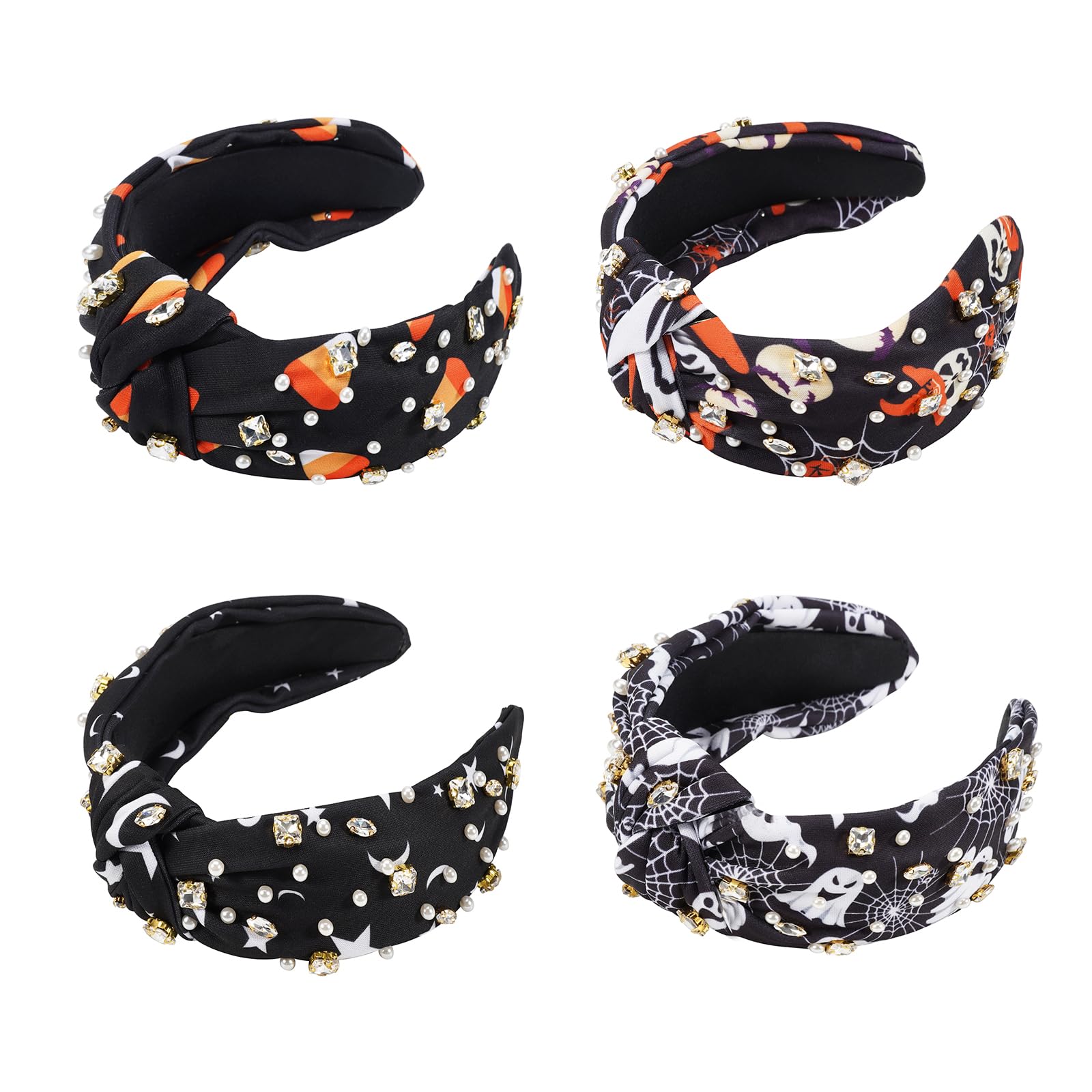 Jocbean Halloween Knotted Headbands for Women with Pumpkin Skull Star Moon Prints Rhinestone Wide Hairband