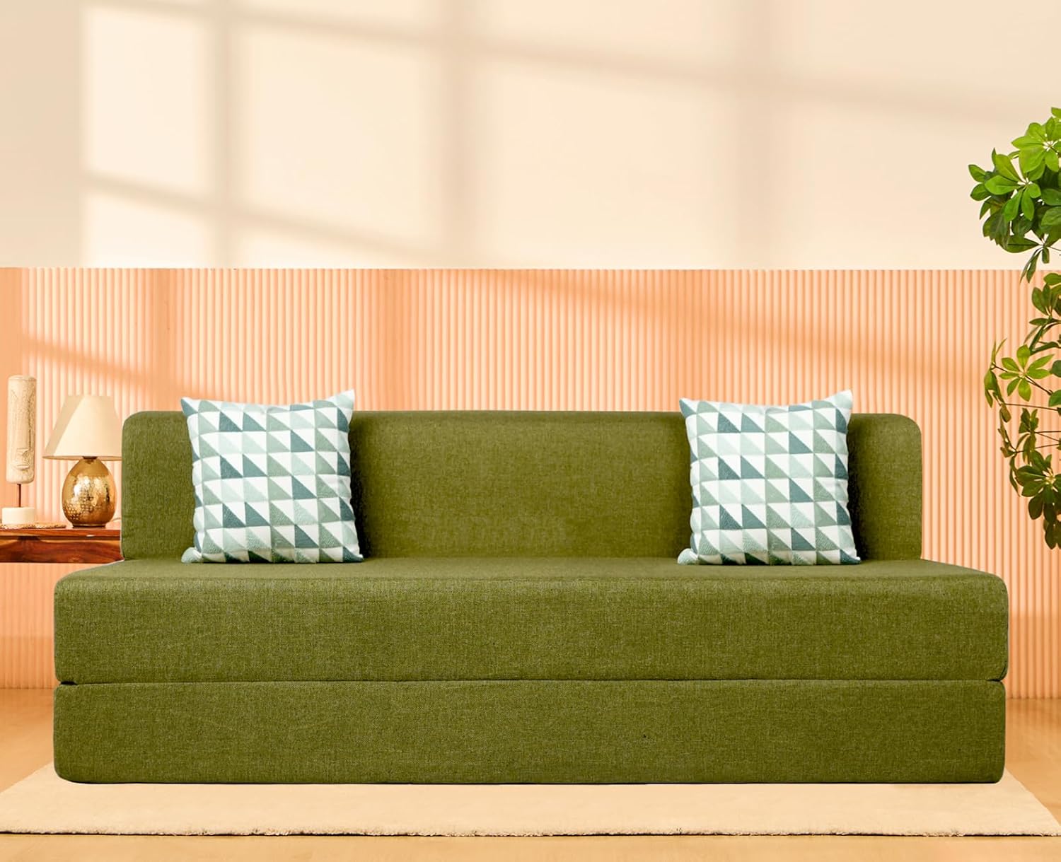 uberlyfe Basics 3 Seater Sofa Cum Bed | Jute Fabric Washable Cover | 2 Cushions Green Triangle Pattern | Olive Green | 6′ X 6′ Feet uberlyfe Basics 3 Seater Sofa Cum Bed | Jute Fabric Washable Cover | 2 Cushions Green Triangle Pattern | Olive Green | 6′ X 6′ Feet