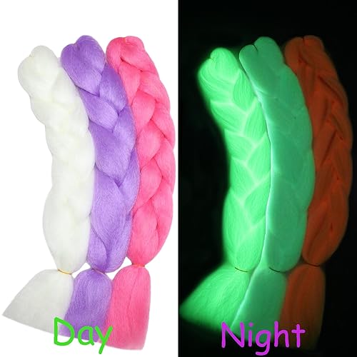 Miniatura 4 de Extensiones de cabello trenzado de color jumbo Kanekalon que brillan en la oscuridad, paquete de 3 extensiones de cabello sintético para trenzar