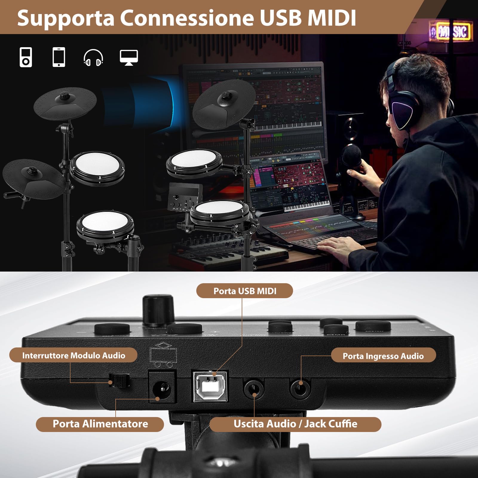 COSTWAY Set di Batteria Elettrica a 7 Pezzi, con 4 Pad a Rete, 3 Piatti, 150 Suoni e 10 Demo, Batteria Musicale per Principianti con Supporto Pieghevole, Sgabello Regolabile, Bacchette e Cuffie
