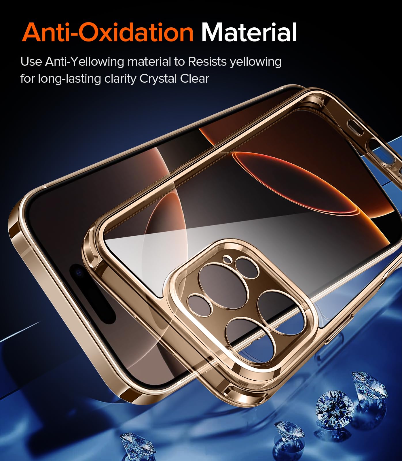 iVoler Cover Chiaro per iPhone 16 Pro Max con 2 Pezzi Pellicola Vetro Temperato, [Antiurto di Grado Militare][Protezione Fotocamera] Custodia Trasparente Sottile Anti-Ingiallimento Case - Oro