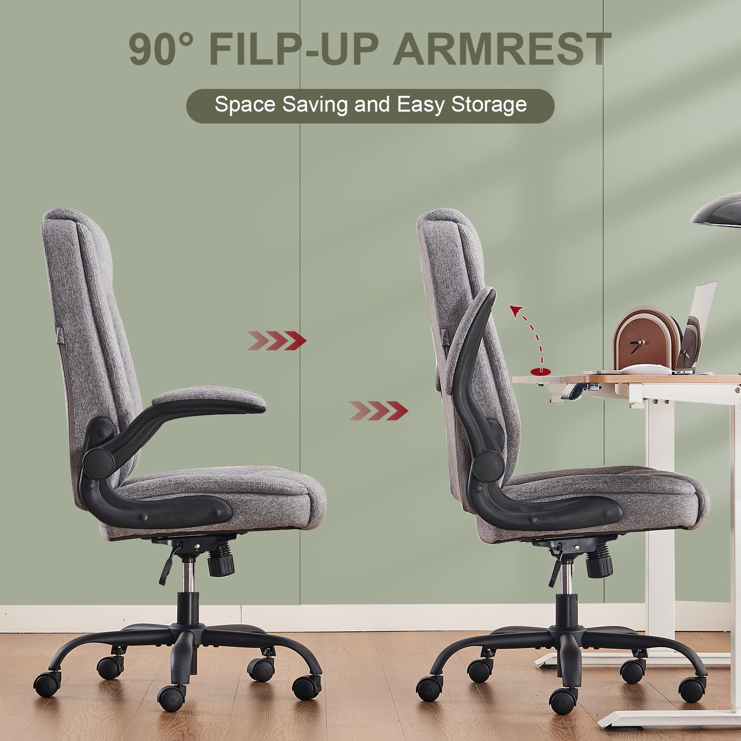 CASTLOVE Ergonomischer Bürostuhl, Computerstuhl, Chefsessel mit hochklappbarer Armlehne, hohe Rückenlehne, Schaukelfunktion, höhenverstellbar, bequem, Schreibtischstuhl für Zuhause, Büro, Stoff, Grau