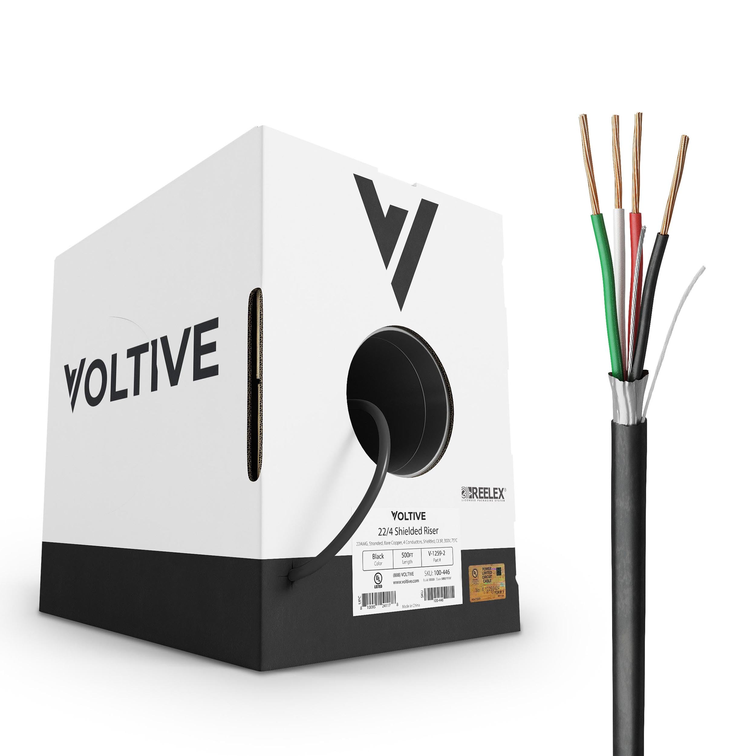 Voltive 22/4 Shielded Low Voltage Wire, Riser CL3R, Black, 500ft - 22AWG, 4 Conductors, Overall Shield, Stranded Bare Copper, UL Listed - V-1259-2