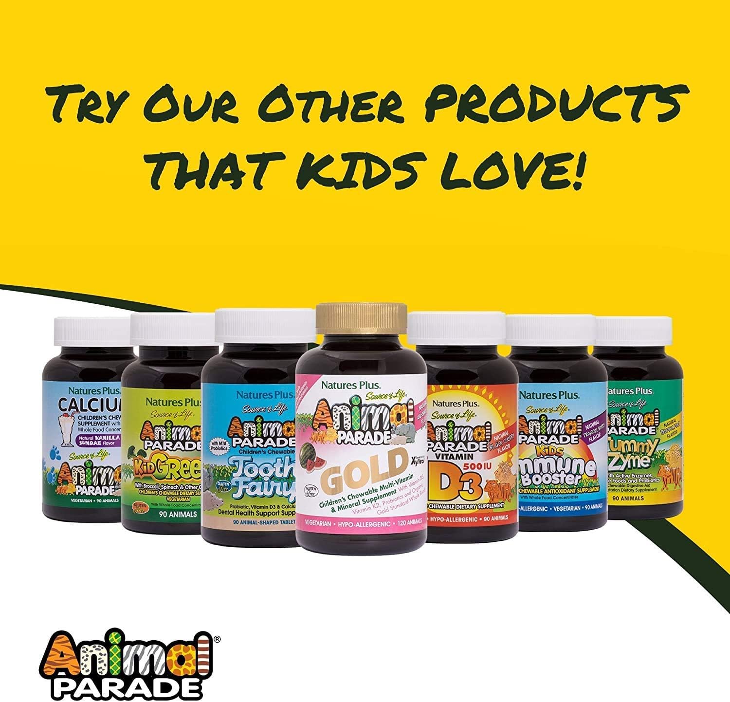 NaturesPlus Animal Parade Children’s Multivitamin, Natural Assorted, Cherry, Orange, and Grape Flavours - Image 4