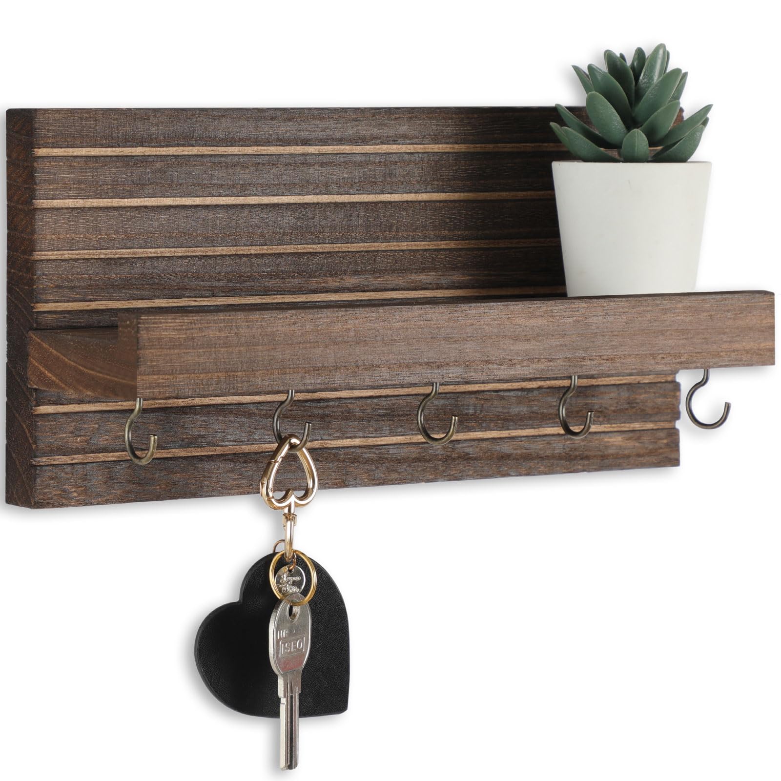 Decorative Key Holder for Wall with Shelf, Entryway Shelf with Hooks Holds Leashes, Jackets and Glasses – Sturdy Wood Keyholder Entrance Hanger with Mounting Hardware (Brown)
