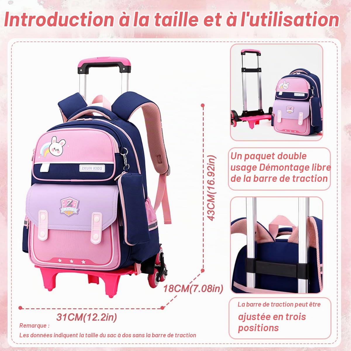 Cartable Roulettes Fille Primaire Sac Roulettes Fille Lapin Trolley Sac a Dos Filles CP CE Sac Cabine Voyage Enfant ac Trousse 31x18x43cm