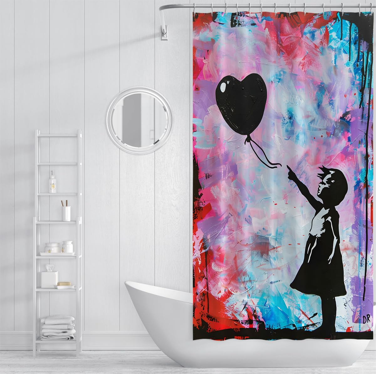 Niña Globo Corazón Cortina Ducha Rosa Azul Graffiti 180x220cm