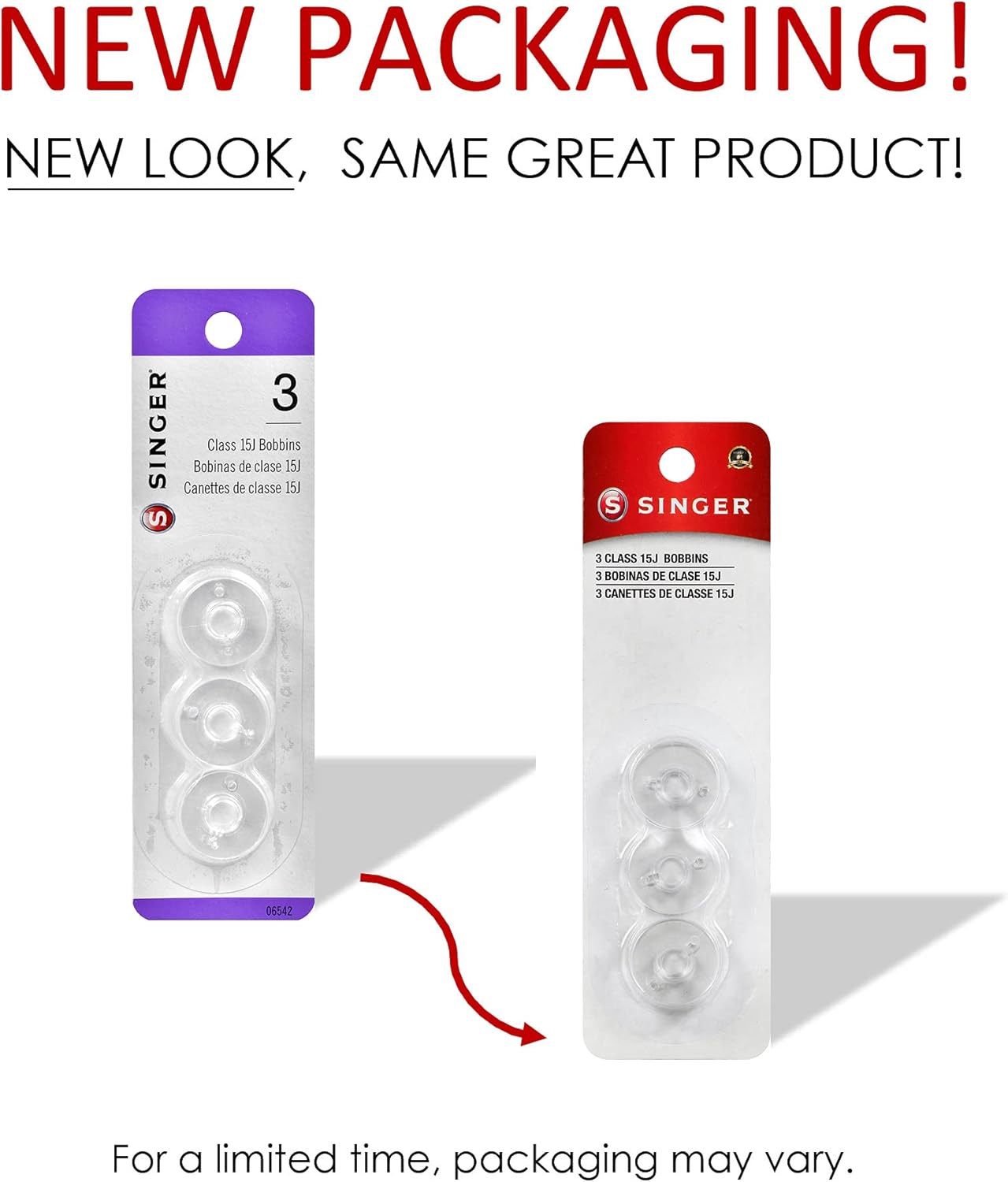 Image showing old versus new packaging for SINGER Class 15J bobbins