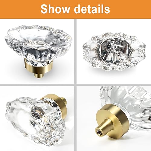 Miniatura 4 de Pomos de cristal para gabinete, paquete de 8 pomos dorados para cajones, pomos de tocador vintage de latón de un solo agujero para cocina, armario,