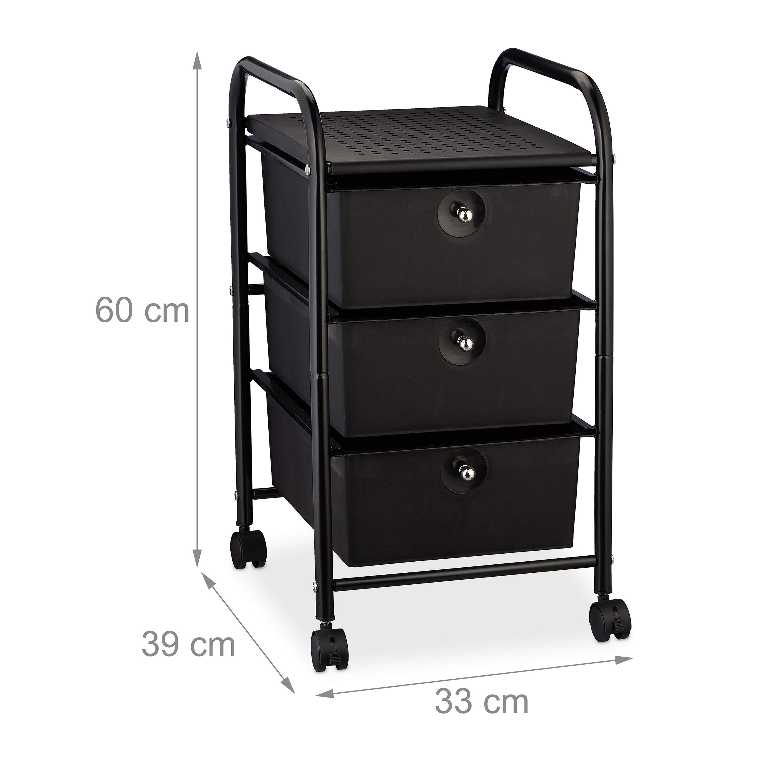 Relaxdays Carrellino Salvaspazio con 3 Cassetti, Metallo & Plastica, Carrello Porta Trucchi da Bagno, Multiuso, in Nero