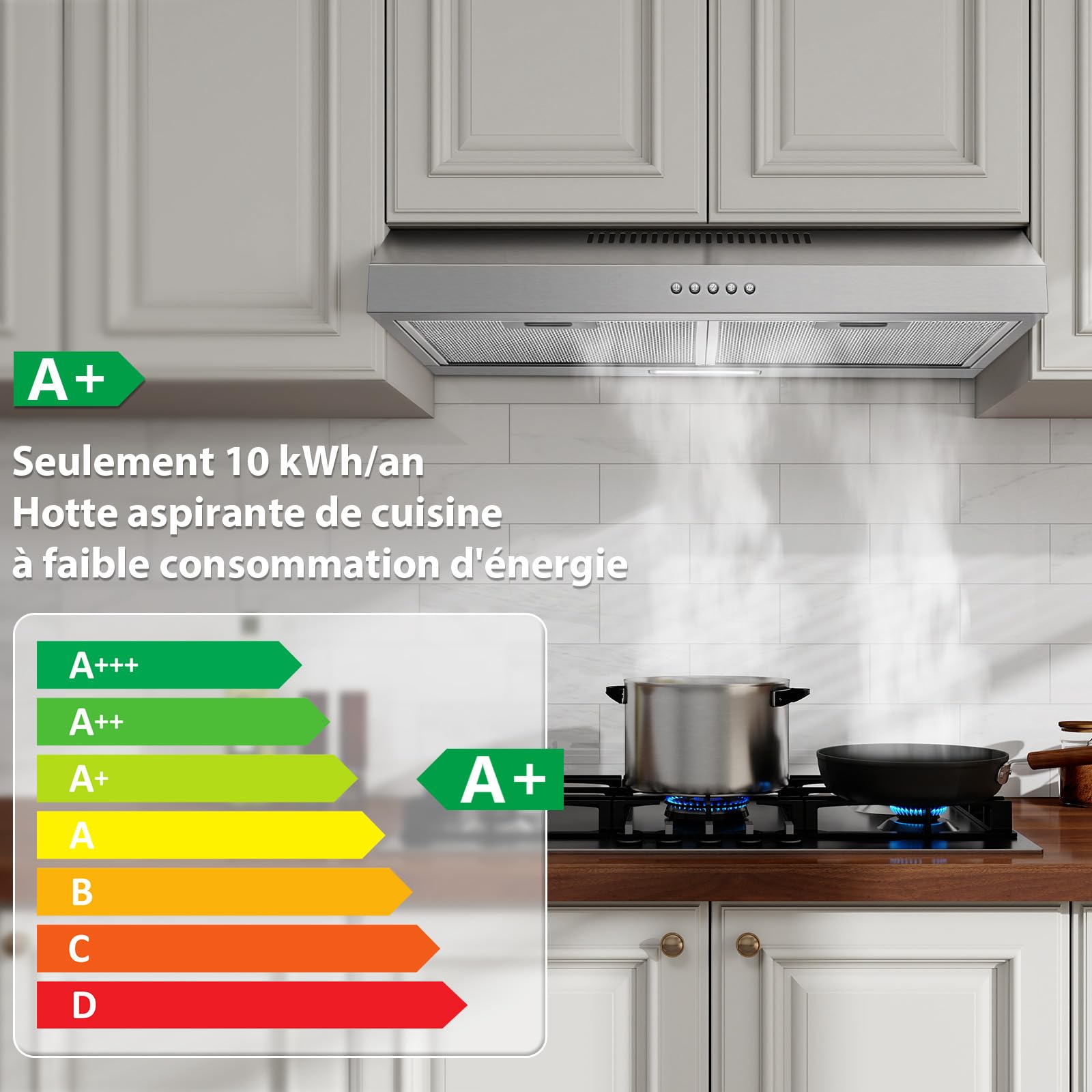 TopStrong Hotte Aspirante 60 cm Encastrable, 250 m³/h Hotte de Cuisine Slim, 3 Vitesses, Classe A+, LED, Inox 430, Recyclage & Évacuation