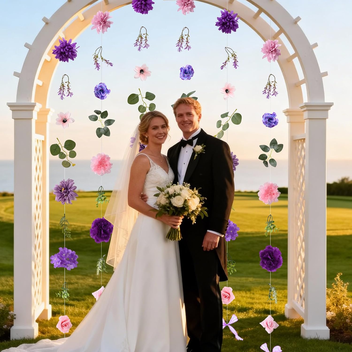 Livole 6Pcs 36Ft Hanging Flower Garland with Bow Purple Wildflower Garlands Backdrop Silk Rose Fake Floral Vines with Hooks for Spring Party Wedding Birthday Anniversary Arch Wall Garden Decor