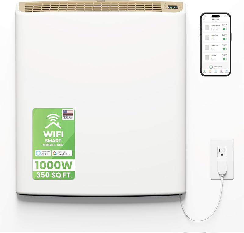 Smart EnviMAX 1000W Wi-fi Plug-in Electric Wall Heater - Energy Efficient Smart Heaters for Large Rooms - App Controlled Electric Heater with Thermal Shut Off Switch - Works with Alexa & Google Home