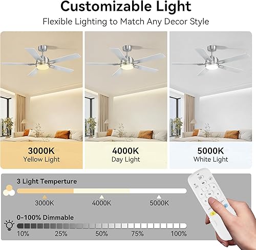 Miniatura 5 de cumilo Ventiladores de techo inteligentes para exteriores de 52 pulgadas, luces LED y control remoto, motor de CC silencioso, 6 velocidades,