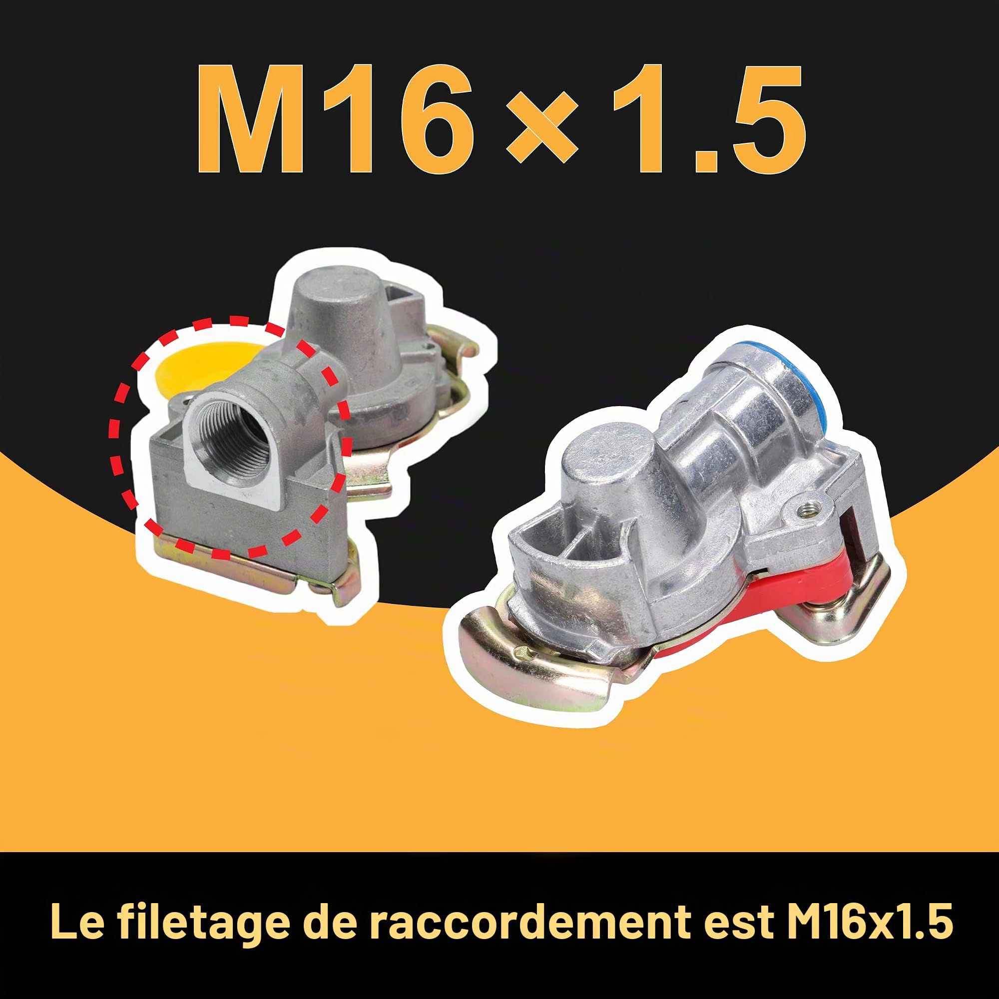 Tête à air comprimé M16 x 1,5 rouge/jaune avec kit de valve et bouchon anti-poussière - Compatible avec les camions