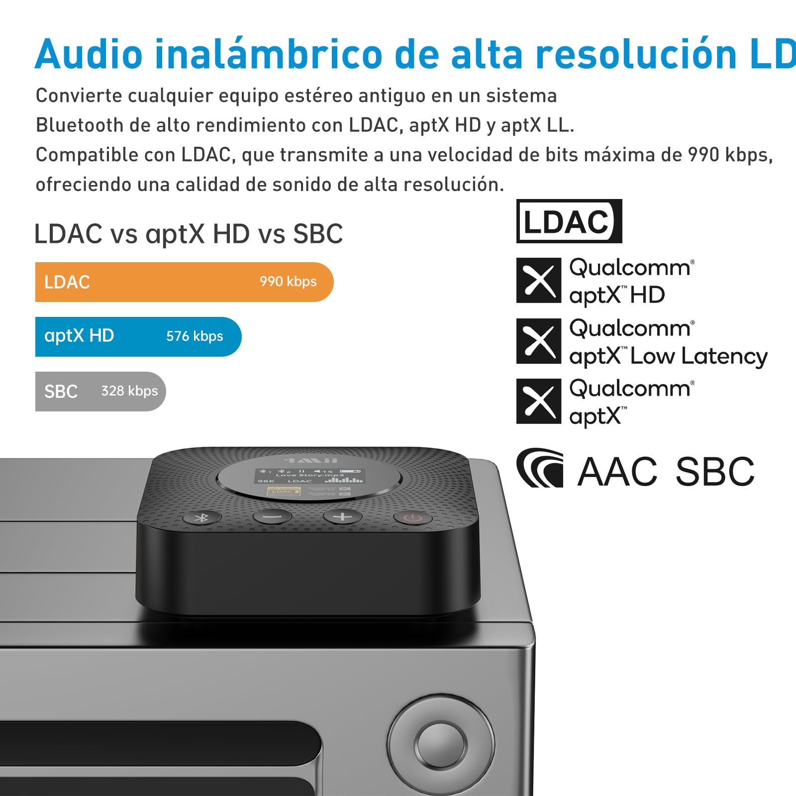 1Mii B06HD+ Receptor de Música Bluetooth 5.3 de Alta Resolución para Estéreo Doméstico con LDAC, HiFi Bluetooth Adaptador de Audio con Audiófilo DAC, Control de Volumen, aptX HD, Pantalla OLED