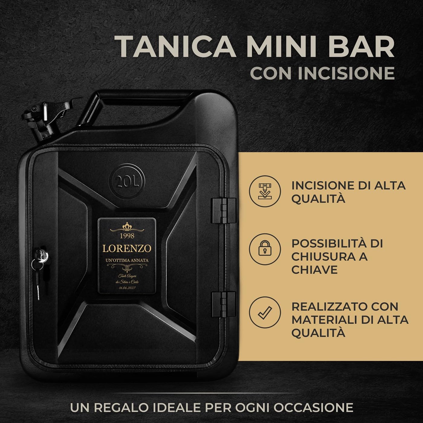 Maverton Tanica Mini Bar Nero 20L - Regalo Uomo Compleanno Personalizzato - Targhetta con Dedica Incisa - Mobile Bar con Accessori Regali Uomo - Dimensioni 36cmx47cmx18cm