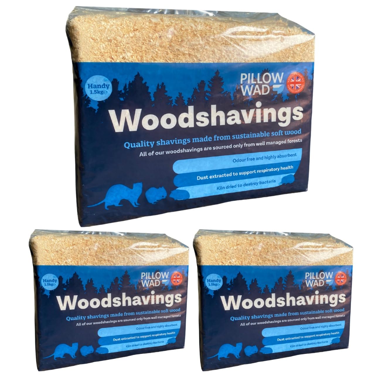 4.5kg Pillow Wad Wood Shavings (1.5kg each) Kiln Dried, Dust Extracted Small Animal Bedding Premium Quality, Soft & Absorbent Pet Bedding for Rabbits, Guinea Pig, Hamster, Sawdust & Other Small Pets.