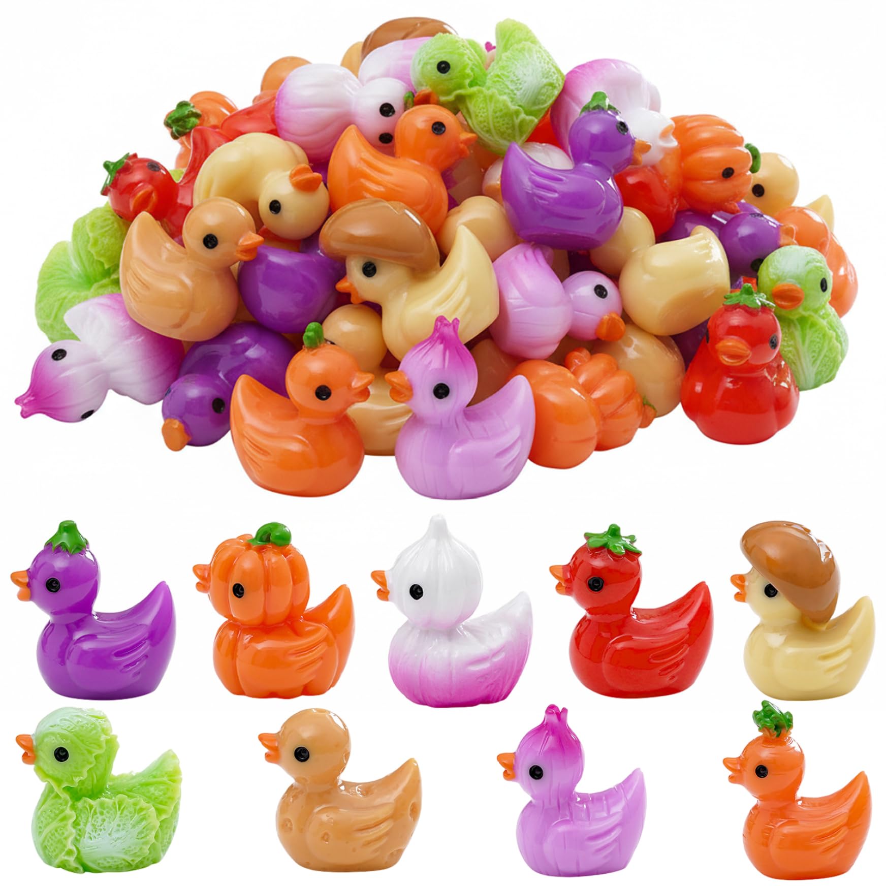 Ameble 90PCS Cute Vegetable-Themed Mini Resin Ducks, Random Mixed Type Miniature Duck Figures for DIY Crafts, Tiny Animals, Surprise Collectibles