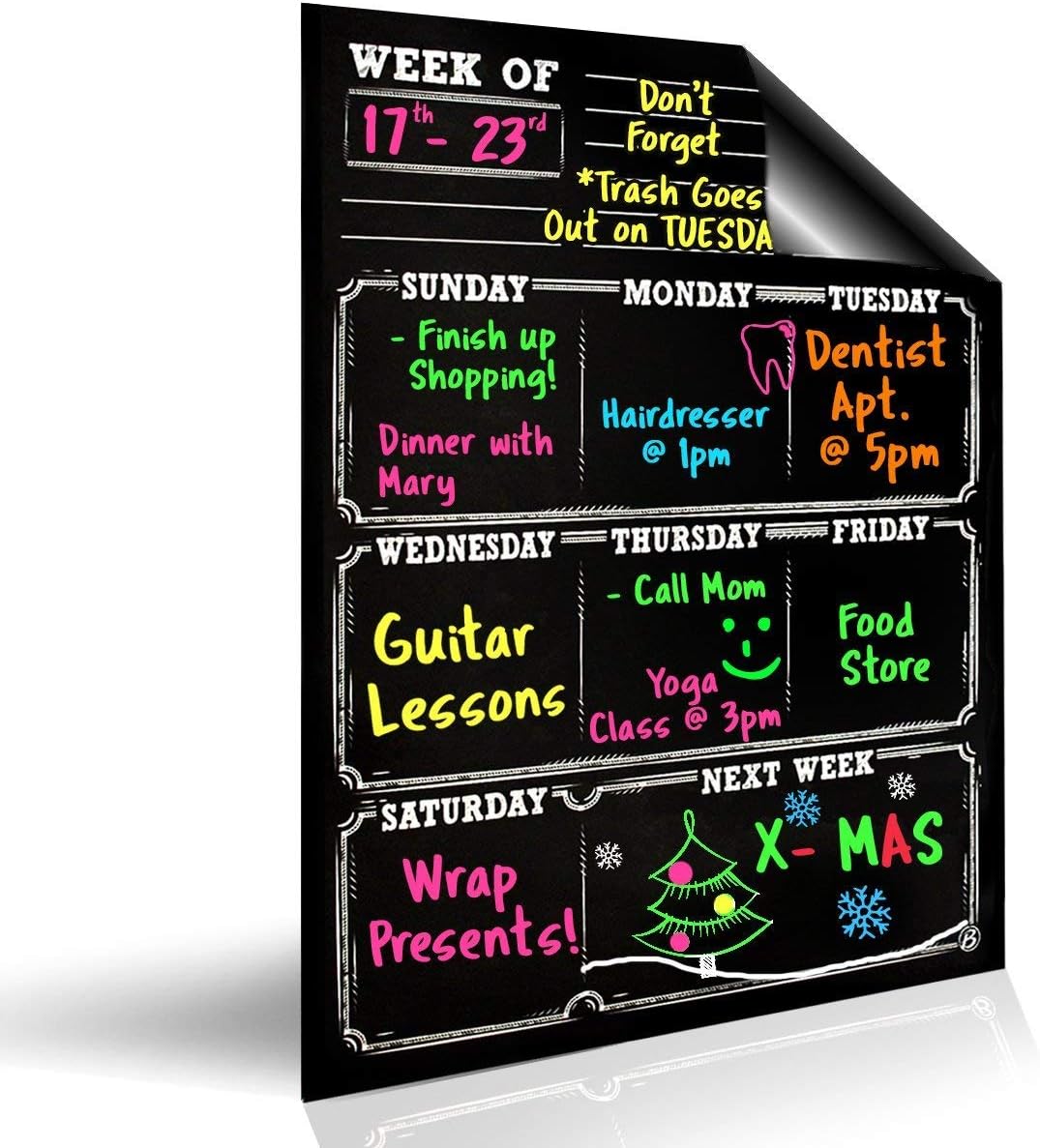 Bigtime Dry Erase Magnetic Weekly Calendar Planner , Black Flexible Chalkboard Style Magnet Board for Refrigerator