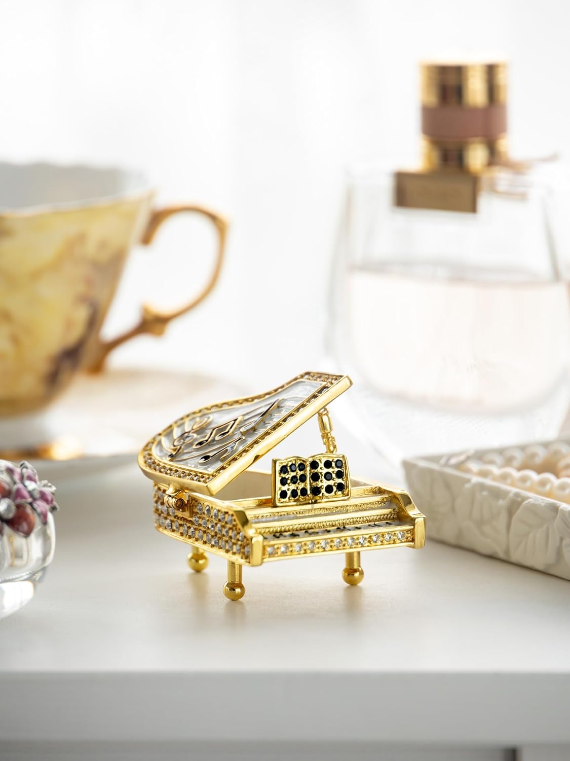 Keren Kopal White Piano Faberge Trinket Box Decorated with White Austrian Crystals